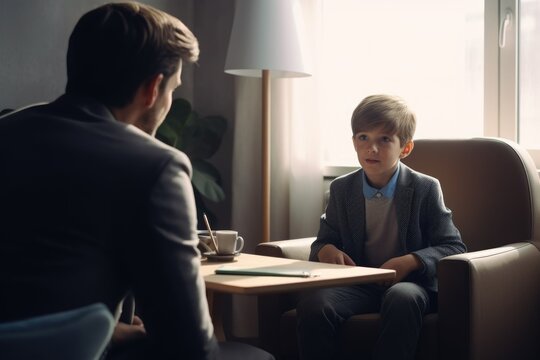 male psychologist consulting a little boy . AI Generated