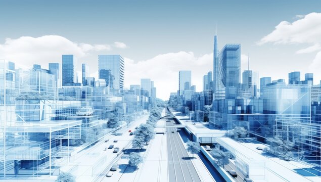  A Detailed 3D Illustration Depicting Urban Planning and Street Design, Showcasing Modern Architecture and Transportation Infrastructure in a Metropolis