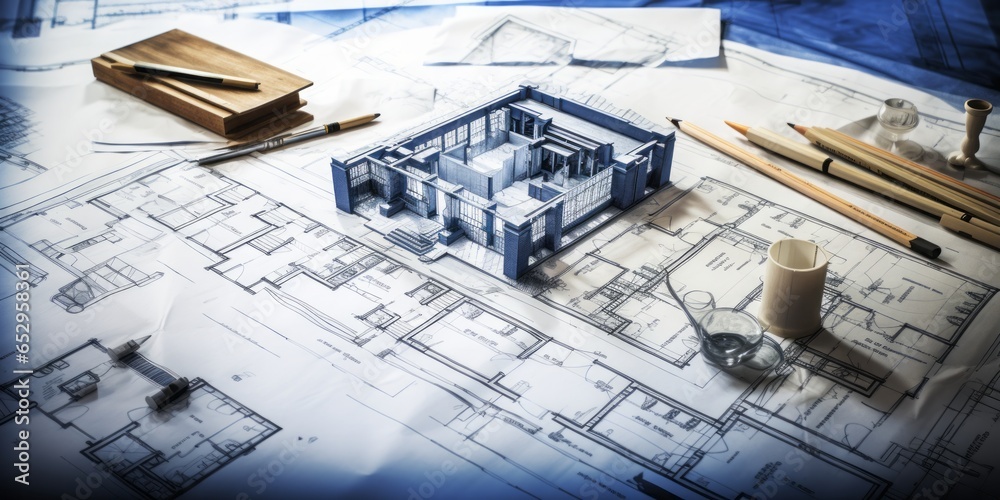 Poster construction drawings, blueprints, and a pencil combine creativity and technical expertise in the pl