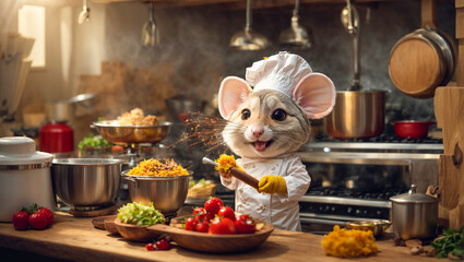 Cute cartoon mouse in the kitchen - obrazy, fototapety, plakaty