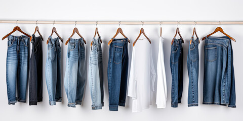 Long shirts jeans on hanging with blue jeans on white background