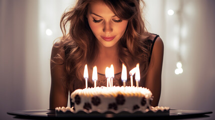 girl blows out candles on cake.  celebrates birthday
 - Powered by Adobe
