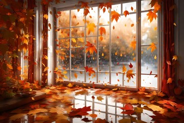 Craft a Breathtaking Scene of Rain-Kissed Windowpanes Adorned with Glistening Raindrops, Framed by a Tapestry of Vibrant Autumn Leaves. Convey the Mood of a Serene Rainy Autumn Day .