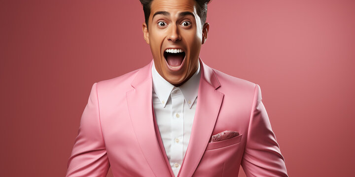 funny portrait of a expression of a surprised happy laughing man wearing a jacket against colorful background