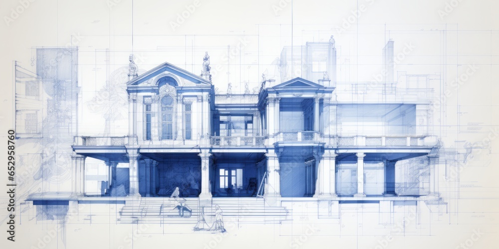 Poster architectural precision: construction drawings, blueprints, and a pencil combine creativity and tech