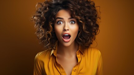 a beautiful woman expressing surprise and shock emotion with her mouth open and big wide open eyes. soft background. - obrazy, fototapety, plakaty