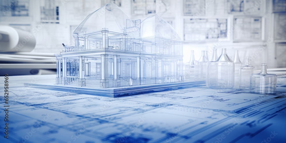 Poster architectural precision: construction drawings, blueprints, and a pencil combine creativity and tech