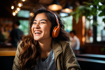 asian woman listening to music in coffee shop