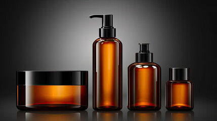 Mock up Realistic Glossy Amber Transparent Glass Cosmetic Soap, Shampoo, Cream, Oil Dropper and Spray Bottles Set With Black Cap for Skincare Product Background Illustration