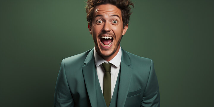 funny portrait of a expression of a surprised happy laughing man wearing a jacket against colorful background