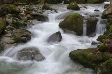 Ruisseau s'écoulant entre des rochers recouverts de mousses en Savoie dans les Alpes du Nord (France)