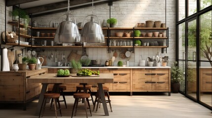 Fototapeta na wymiar Interior of kitchen in rustic style. White furniture and wooden decor in bright cottage indoor.