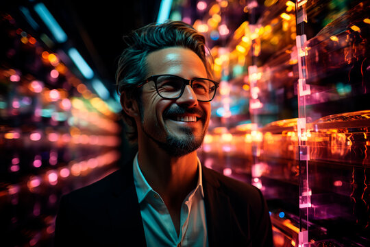 Smiling 37 year old man surrounded by database
