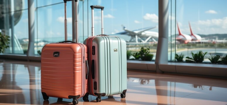 Two suitcases in an empty airport hall, traveler cases in the departure airport terminal waiting for the area, vacation concept