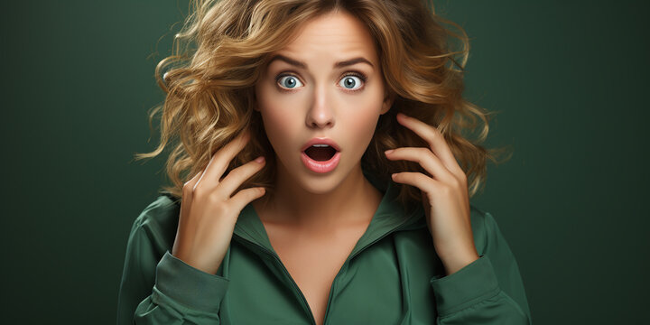 funny portrait expression of a surprised woman against colorful background