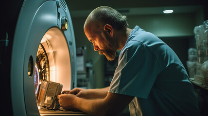 Service technician repairing an MRI machine at a hospital.