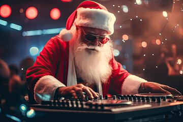 An aged, cheerful man in a Santa Claus costume plays DJ at a lively Christmas party, spreading...