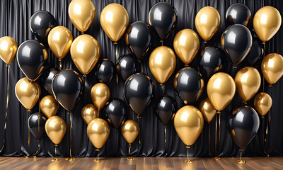 Black Gold Balloons Backdrop 3D Art Animated Graphic, Celebration Photography Party Design Background - ai generated