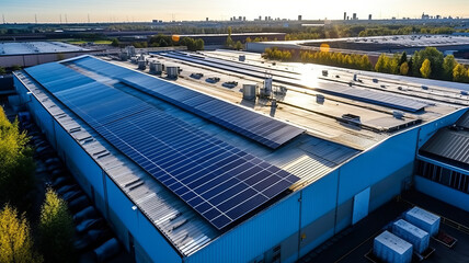 Solar panels installed on a roof of a large industrial building or a warehouse.