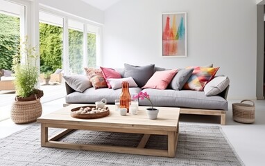 Scandinavian style lounge room with light grey sofa and bright colorful cushions. Generative AI