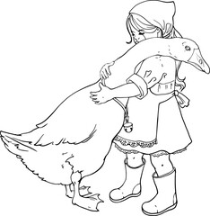 A little girl and a big goose are hugging. Linear contour drawing. For printing coloring books, logos, printing on dishes, clothing and other items. The theme of friendship and love for pets. Vector