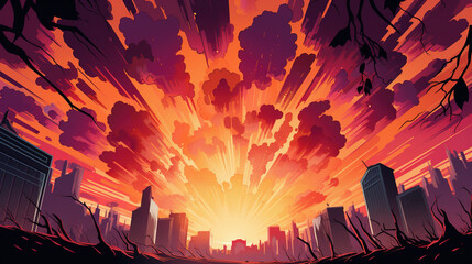 Obraz premium Apocalyptic Vintage Comics Style Explosion Above the City Retro Illustration, Generative AI