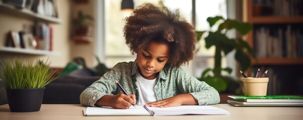 An African American girl sits and does her homework at the table at home. - obrazy, fototapety, plakaty