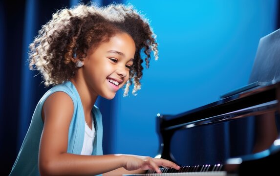 Portrait of a young 10 year old girl playing the piano. Generative AI