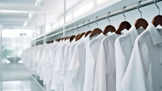 White shirts hanging on white built-in cloths racks.