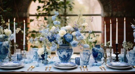 Fototapeta na wymiar A table set with blue and white vases and plates