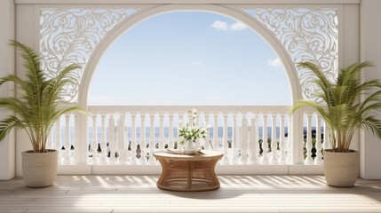 Fototapeta premium A balcony with a table and potted plants