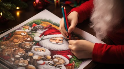 Fototapeta premium A child is drawing a picture of santa claus