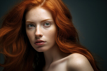Obraz premium Close up of a Luxury portrait of a beautiful woman with Red hair and a black background.