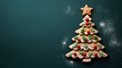 Traditional gingerbread cookie Christmas tree. Homemade sweet decorated biscuits with icing - obrazy, fototapety, plakaty