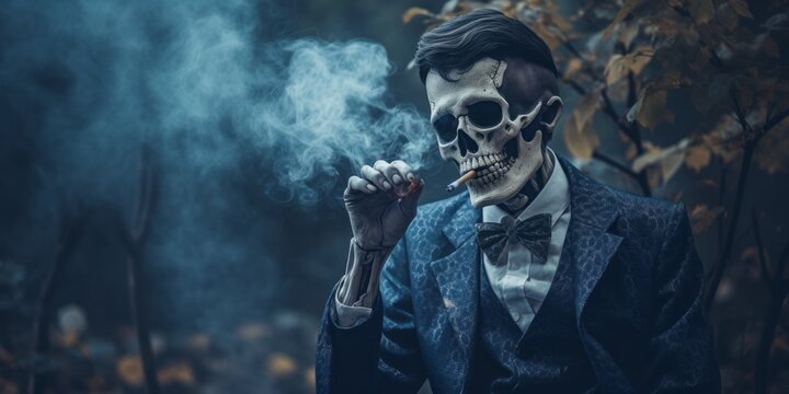 Smoking Grim Consequences: A Skeleton Figure Smoking a Pipe in the Harsh Light, Emphasizing THC's Risks, Smoking-Related Deaths, and the Dangers of Lung Cancer.