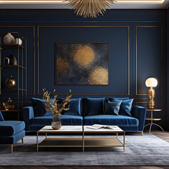 dark blue living room with gold accents