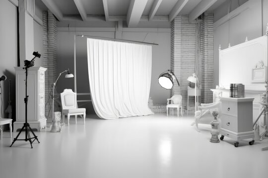 Photo studio interior with professional equipment and workplace in white colors. AI Generated