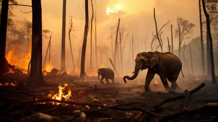 Rugzak Animals Running Escaping To Save Their Lives from the burning forest. climate change, droughts and forest fires concept © zayatssv