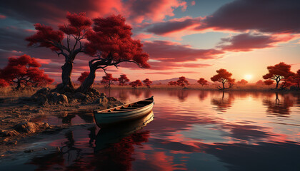 Tranquil scene: sunset reflects on water, tree silhouettes adorn landscape generated by AI