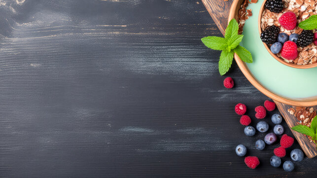 Healthy breakfast bowl with oatmeal, fresh berries and mint on black background, top view, copy space