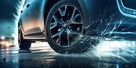 Energetic Electric Car: A Closeup of a Tire with Lightning Bolts Illuminating the Wet Street, Capturing the Dynamic Action and Eco-Friendly Technology of Urban Transportation - obrazy, fototapety, plakaty