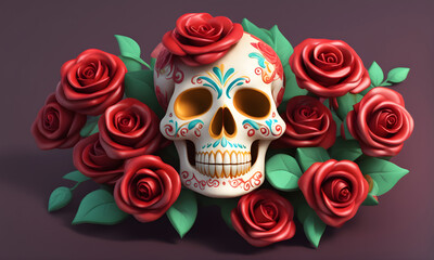 Day Of The Dead Cute 3D Art Animated Graphic, Invitation Card Banner Website Design Background - ai generated