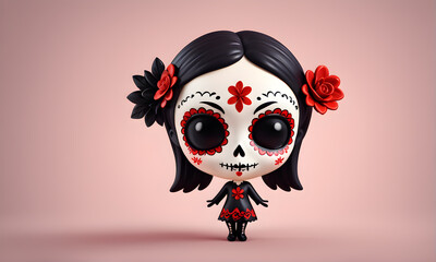 Day Of The Dead Cute 3D Art Animated Graphic, Invitation Card Banner Website Design Background - ai generated