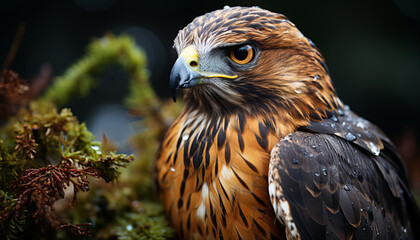 Fototapeta premium Majestic bird perching on branch, looking at camera with focus generated by AI
