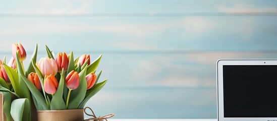 Laptop and tulip flowers on blue background Spring holidays online shopping concept Top view - obrazy, fototapety, plakaty