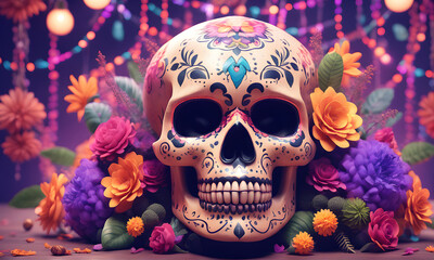 Mexican Skull Still-Life 3D Art Animated Graphic, Invitation Card Banner Website Design Background - ai generated