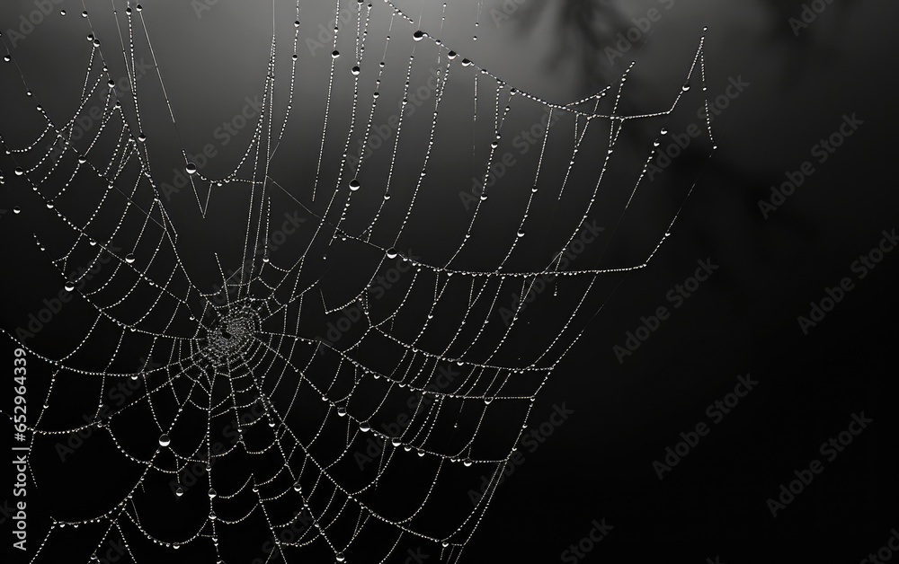 Wall mural fog droplets in a spiderweb. generative ai