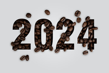 Coffee lovers Happy New Year 2024. white - grey with coffee beans cut out from paper, concept