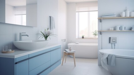 Interior of modern luxury scandi style bathroom with window and white walls. Free standing bathtub, countertop sink on wall-hung cabinet, wall mirror. Contemporary home design. 3D rendering.