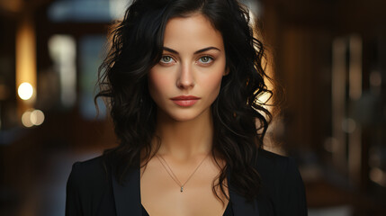 natural portrait of a female beauty model with black long wavy hair 